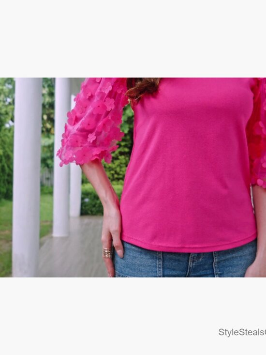 Cotton Blend 3/4 Puff Sleeve Crew Neck Blouse with Mesh Appliques - Picture 6 of 6